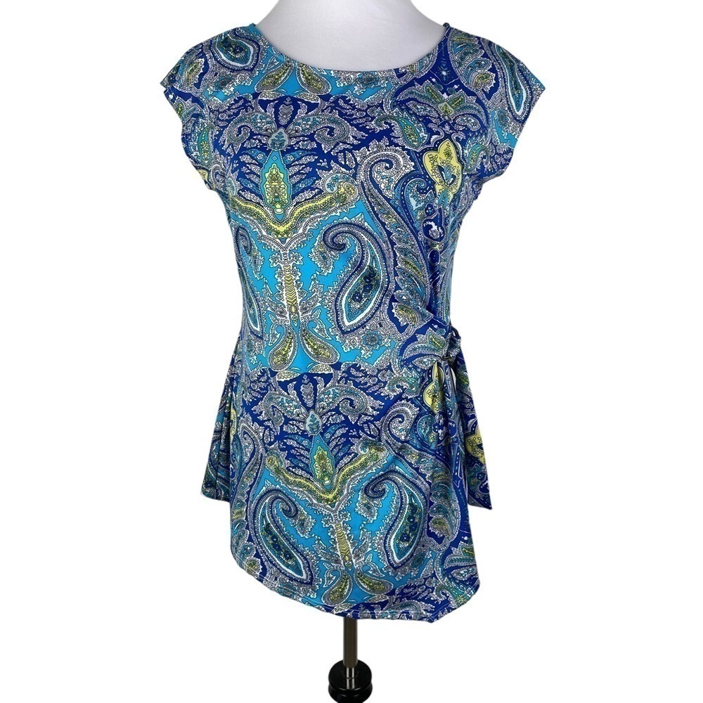Jules & Leopold‎ Paisley Asymmetrical Hem Side Buckle Blouse Women's Medium Blue